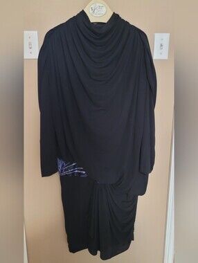 Black Draped Evening Dress with Sequin Accent. 80's